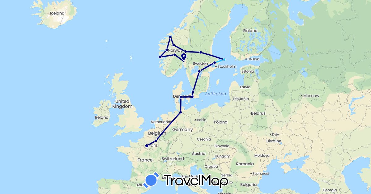 TravelMap itinerary: driving, boat in Germany, Denmark, Finland, France, Norway, Sweden (Europe)